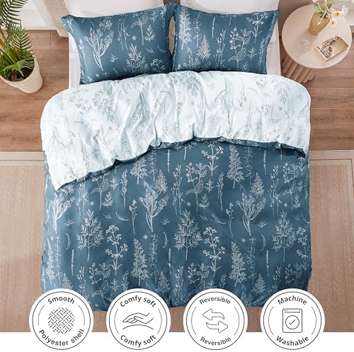 Love's cabin Bluish Grey Comforter Set King - King Size Comforter Set, 3 Pieces Cute Floral Bedding Sets for All Seasons,1 Soft Reversible Botanical Flowers Comforter and 2 Pillow Shams