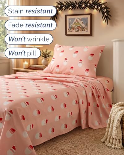 Christmas Sheet Set, Blush Santas, Holiday Xmas Bedding Set - Twin Size