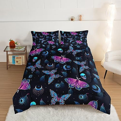 HOSIMA Halloween Twin Comforter Skull Butterfly Bed Set,Goth Bedding Set Black Comforter Twin Bed in a Bag Sets for Adults Boys Girls Halloween Room Decor Dark Academia Bedding.