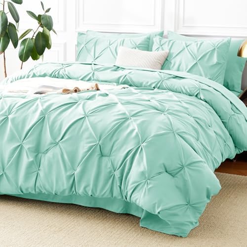 CozyLux Queen Comforter Set Mint Green, 7 Pieces Pintuck Bed in a Bag