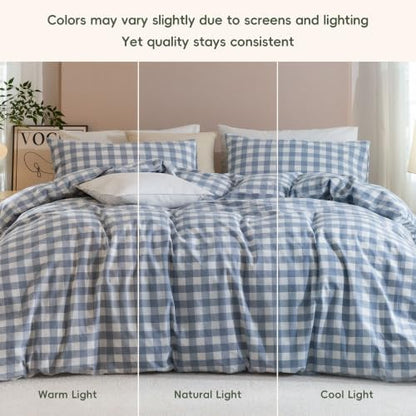 JIYUAN Full Washed Cotton Duvet Cover Set, 3-Piece, Large Gingham