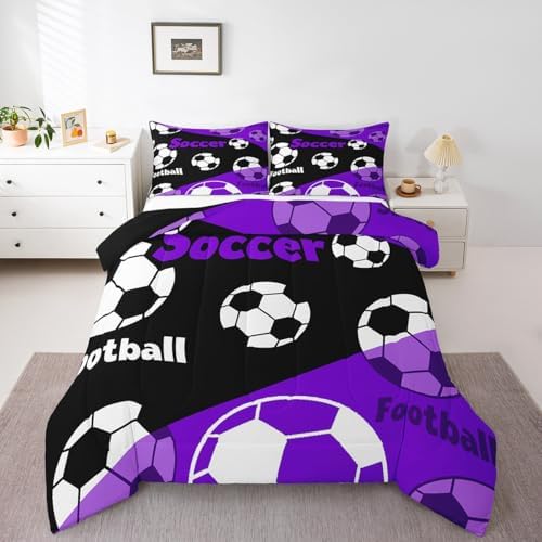 Manfei Teens Soccer Comforter Set Toddler Size, Black White Football Bedding Set 2pcs, Sports Theme Purple Down Comforter All Season, Kids Boys Adult Room Decor, Soft and Lightweight, 1 Pillowcase