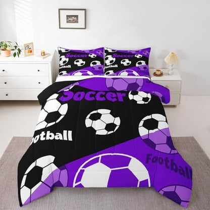 Manfei Teens Soccer Comforter Set Toddler Size, Black White Football Bedding Set 2pcs, Sports Theme Purple Down Comforter All Season, Kids Boys Adult Room Decor, Soft and Lightweight, 1 Pillowcase