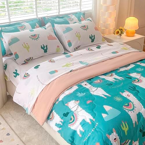 Wajade Kids Llama Comforter Set Bed in A Bag Twin Size 7 Piece Cute Alpaca Tropical Plant Cactus Bedding Set for Girls Boys (1 Comforter, 1 Flat Sheet, 1 Fitted Sheet, 2 Pillowcase and 2 Pillow Sham)