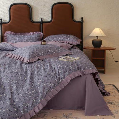 LifeTB Vintage Daisy Flower Duvet Cover Queen 100% Cotton Purple Ruffle Comforter Cover Floral Aesthetic Duvet Cover Romantic Princess Bedding Set Girls Lace Comforter Cover Queen with 2 Pillowcases