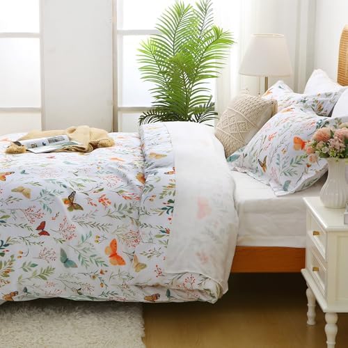 Mooreeke Floral Full Size Comforter Sets, Butterfly and Botanical Patterned Bedding for All Seasons, 3-Piece Vintage Bed in a Bag with Fluffy Quilted Reversible Comforter & 2 Pillow Shams