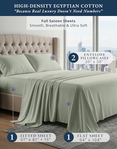 LANE LINEN Full Sheets 100% Egyptian Cotton Sateen - Mineral Swiss Dot