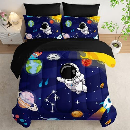 AILONEN Kids Cartoon Astronaut Comforter Sets Twin Size,Cute Astronaut Rockets Bedding Set Bed in a Bag for Boys Teens,Outer Space Comforter & Fitted Sheet + Flat Sheet & 2 Pillowcases,2 Pillow Shams
