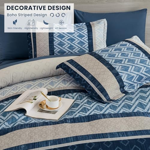 Cottolester California King Comforter Set,Blue Boho Striped Bed in a Bag