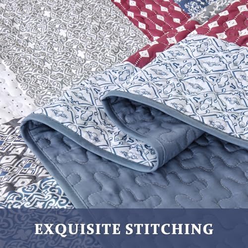 WONGS BEDDING Queen Size Quilt Set, Boho Striped Patchwork Bedspread