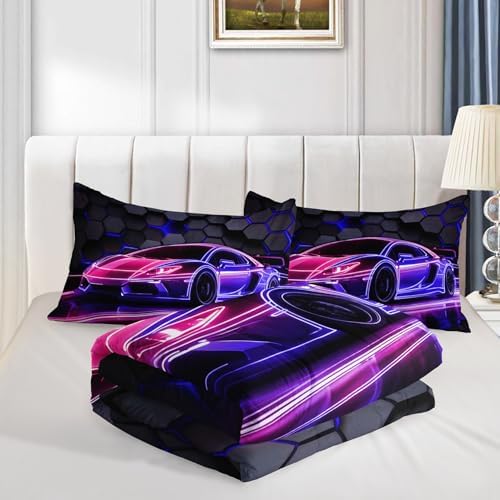 HOSIMA Hexagon Geometric Race Car Twin Comforter Set with 2 Pillowcases.
