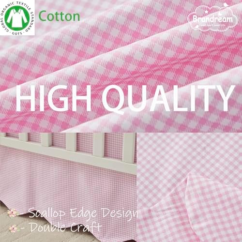 Brandream Scallop Edge Cotton Crib Skirt, Baby Boy Girl Gender Neutral Crib Skirt Toddler Bedskirt Farmhouse Chic Plaid Nursery Crib Bed Skirt, Gingham Check Pink