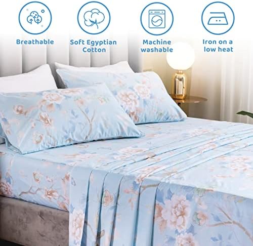 QSH 100% Egyptian Cotton Sheets Full Size Set, Blue Bird Plant Pattern Botanical Luxury Cotton Printed Bedding Floral Full Bed Sheets Extra Soft and Breathable 4pcs Deep Pockets Sheets