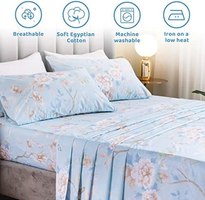 QSH Floral Bed Sheets Set King Size - Luxury Bird Buttefly Print Bed Sheet Set - 100% Egyptian Cotton Extra Soft and Breathable - 4 pcs Deep Pockets - Flower Bed Sheets