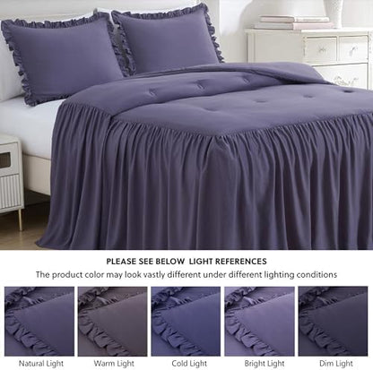 Chezmoi Collection Sinclair 3-Piece Ruffle Skirt Bedspread Set - Soft Lightweight Crinkle Texture Microfiber Bedding - French Country Chic Farmhouse - King, Dusty Purple