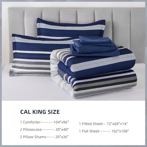 Dobuyly Navy Blue Comforter California King Size 7 Piece, Boho Striped Bed in a Bag Set Soft Microfiber Bedding Set with Comforter, Sheets, Pillowcases & Shams All Season