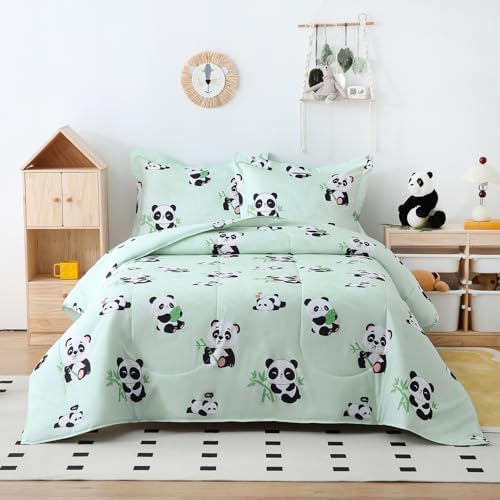 Yibeizi Kids Cute Panda Comforter Full Size Sage Green Bedding Set