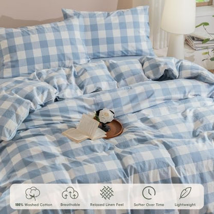 JIYUAN California King Washed Cotton Duvet Cover Set, Buffalo Check