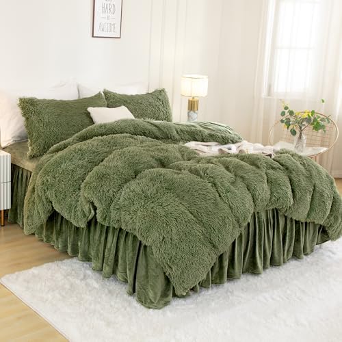 Andency Sage Green King Size Comforter Set, Fluffy Faux Fur Warm Bed Set