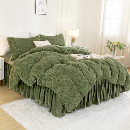 Andency Sage Green King Size Comforter Set, Fluffy Faux Fur Warm Bed Set