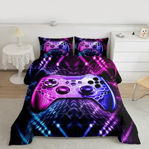 Castle Fairy Teens Gamepad Comforter Set,Modern Gamer Reversible Down Comforter Twin Size for Kids Boys Children Youth,Video Game Bedding Set Player Gaming Duvet Insert for Bedroom,Blue Pink