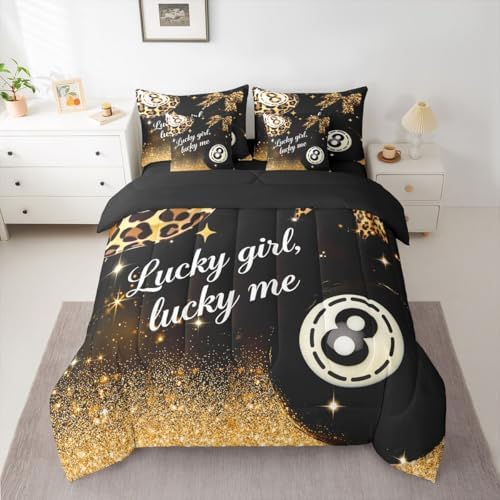 Erosebridal Brown Leopard Bow 7 Piece Bedding Set Twin Size,Y2K Lucky 8 Ball Comforter Set Fashion Cheetah Print Bowknot Bed in A Bag with Sheets Preppy Room Decor,Black Gold Trendy Luxurious Bed Set