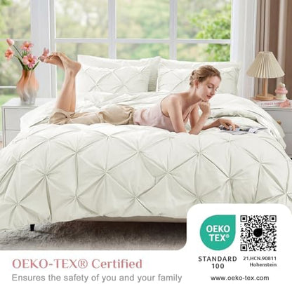 JOLLYVOGUE King Size Comforter Set 7 Pieces - Bed in a Bag King for All Season, Pintuck Bedding Comforter Sets with Comforter, Flat Sheet, Fitted Sheet and Pillowcases & Shams, Ivory