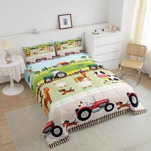 Feelyou Tractor Bedding Sets Toddler Size for Kids Boys Cute Cartoon Farm Animals Comforter Set Girls Farmhouse Country Down Comforter for All Season Colorful Room Decor Nature Theme Duvet Set