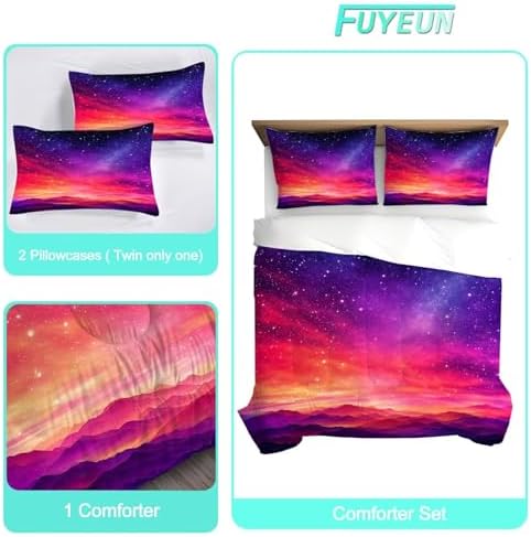 Galaxy Comforter Set Twin Size Space Bedding for Girls Boys Kids Red Gradient Starry Sky Glitter Star Bedroom Decor Quilt Bed Sets, 1 Comforter 1 Pillowcase
