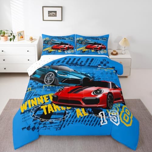 Boys Sports Car King Size Comforter Set,Kids Cool Racing Car Decor All Season Bedding Set,Teens Extreme Sports Theme Comforter,Girls Young Man Blue and Red Decor Quilt Set Bedroom Collection 3Pcs