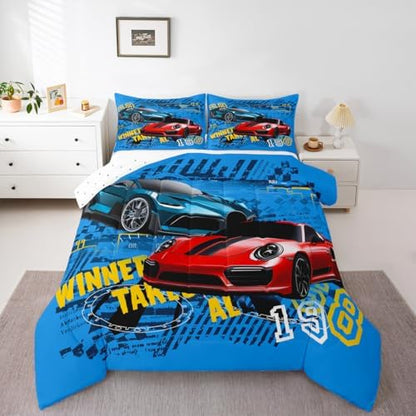 Boys Sports Car King Size Comforter Set,Kids Cool Racing Car Decor All Season Bedding Set,Teens Extreme Sports Theme Comforter,Girls Young Man Blue and Red Decor Quilt Set Bedroom Collection 3Pcs