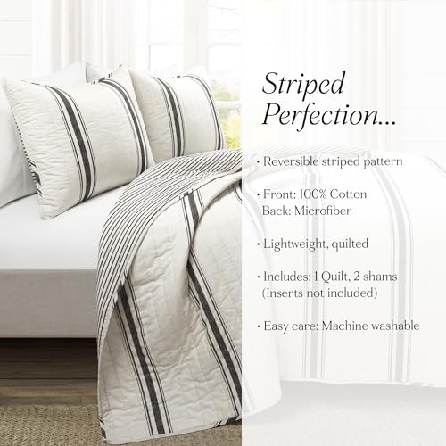 Lush Decor Farmhouse Stripe Reversible Quilt Cotton Queen Size 3 Piece Set Full/Queen Black - Farmhouse Bedding Set Queen Quilt - Striped Bedding
