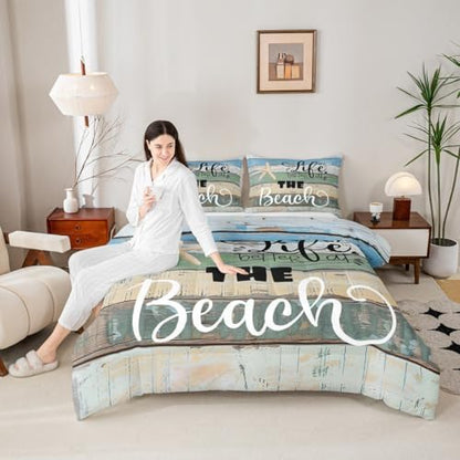 Beach Life Comforter Set Queen Size Blue Green Rustic Farmhouse Bedding Set for Kids Girls Women Bedroom Decor Starfish Cabin Wood Stripes Print Quilted Duvet Beach Camper Duvet Insert 3pcs