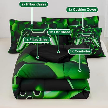 URBONUR Black Green Gaming Twin Comforter Set for Boys 6Pcs Bed in A Bag