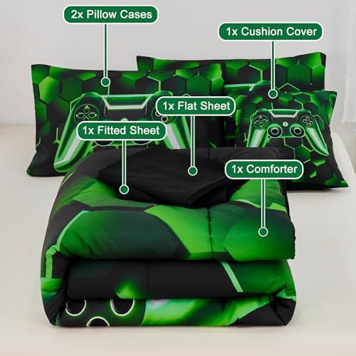 URBONUR Black Green Gaming Queen Comforter Set for Boys 6Pcs Bed in A Bag