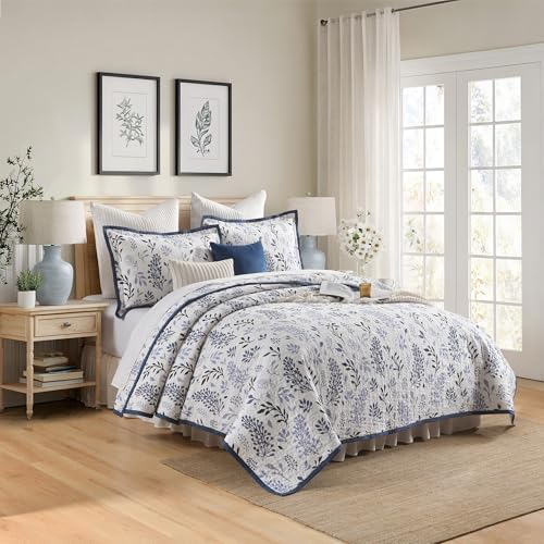 Queen Size Quilt Set - Cotton Floral Quilts Queen, Blue, 90x98