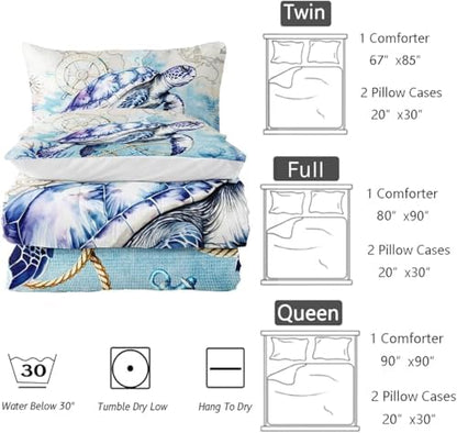 Nttopship Sea Turtle Comforter Bedding Set with 2 Pillowcase Full Size Ocean Comforter Set for Kids Boys Girls Bedroom Decor