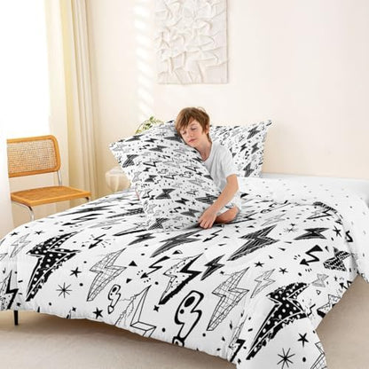 Homewish Gaming Comforter Set Full,Boys Lightning Strike Graffiti Bedding Set for Kids Teens Gamer Room Decor,Cartoon Natural Warning Quilt Set Modern Cool Duvet Insert 3pcs,2 Pillowcases,White