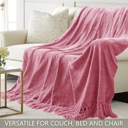 Chenille Throw Blanket for Couch 50" x 60", Rose Pink