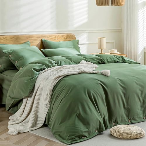 JELLYMONI Cotton Duvet Cover Cal King Size - Green Comforter Cover with Button 100% Washed Cotton 3PCS Breathable Soft Solid Bedding Set Duvet Cover 104×98in & 2 Pillowcases (NO Comforter)