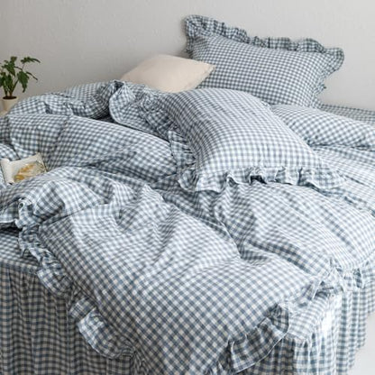 mixinni Blue White Gingham Ruffle Duvet Cover Twin XL Size 3 Pieces – 100% Washed Cotton, Vintage Plaid Ruffled Bedding Set with Zipper Ties, Soft Checkered Grid Farmhouse Chic Comforter Cover Set