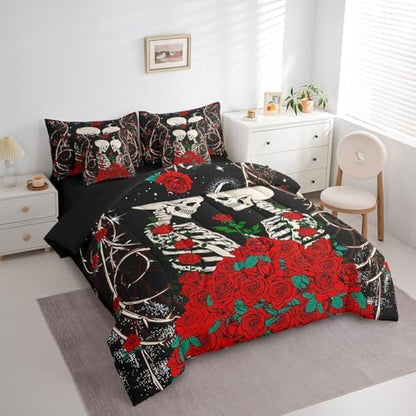 Erosebridal Sugar Skull 7 Piece Comforter Set Full Bed in a Bag,Gothic Bone Skeleton Halloween Decorations Bedding Sets Red Rose Sheet Set with Comforter