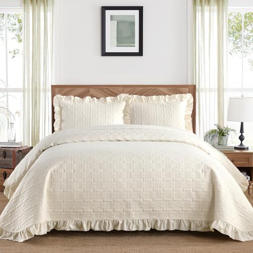 DJY Queen Size Quilt Sets, Lightweight Ruffled Bedding Sets, Beige