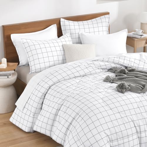 Andency King Comforter Sets White, Gingham Plaid Grid Checkered Bedding Set