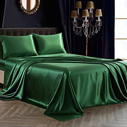 SiinvdaBZX 4Pcs Satin Sheet Set Full Size 15-Inch Deep Pocket Emerald Green