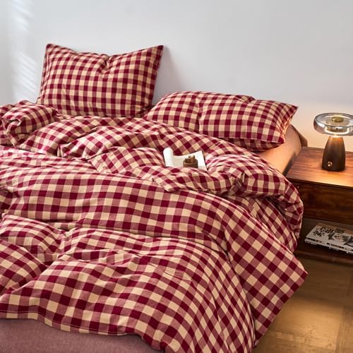 LifeTB Red Gingham Duvet Cover Twin XL, 100% Washed Cotton Vintage Plaid Checkered Comforter Cover, 3 Piece Farmhouse Grid Plaid Duvet Cover, Breathable Soft Chic Gingham Bedding Set Twin XL