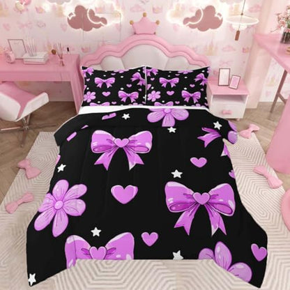 jejeloiu Bowknot Comforter Set Twin Size Bow Bedding Set for Kids Boys Girls Black Purple Duvet Quilt Cute Bow-tie Bedroom Decor Microfiber 2 Pcs with 1 Pillow Cases