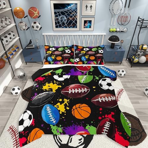 jejeloiu Sports Theme Kids Comforter Set King Size Soccer Basketball Baseball Football Bedding Set Ball Games Duvet Quilt for Kids Boys Girls Bedroom Splash Ink Ball Games Decor Microfiber Ultra Soft