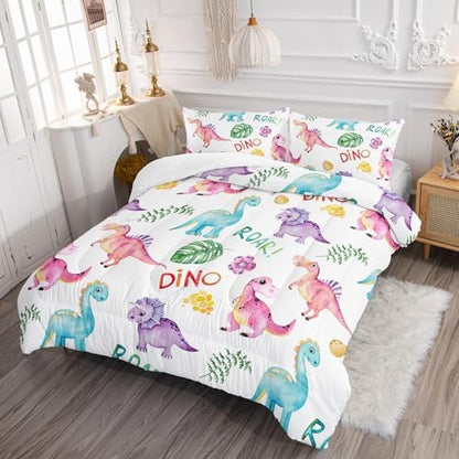 Cartoon Dinosaur Comforter Set Full 3Pc Kawaii Dinosaur Bedding Set All Season with Tree, Leaf Decoration Includes 1 Comforter, 2 Pillowcases for Kids Girls Teens