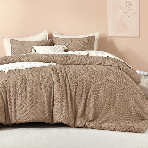 Litanika Full Size Comforter Set, 3 Pieces Taupe Tufted Boho Bedding Set